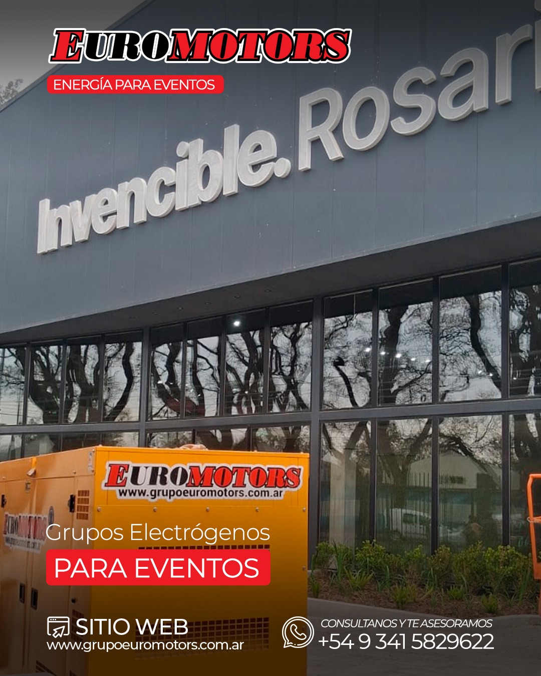 Grupo electrógeno de Grupo Euromotors instalado frente a un predio para brindar energía temporal en un evento