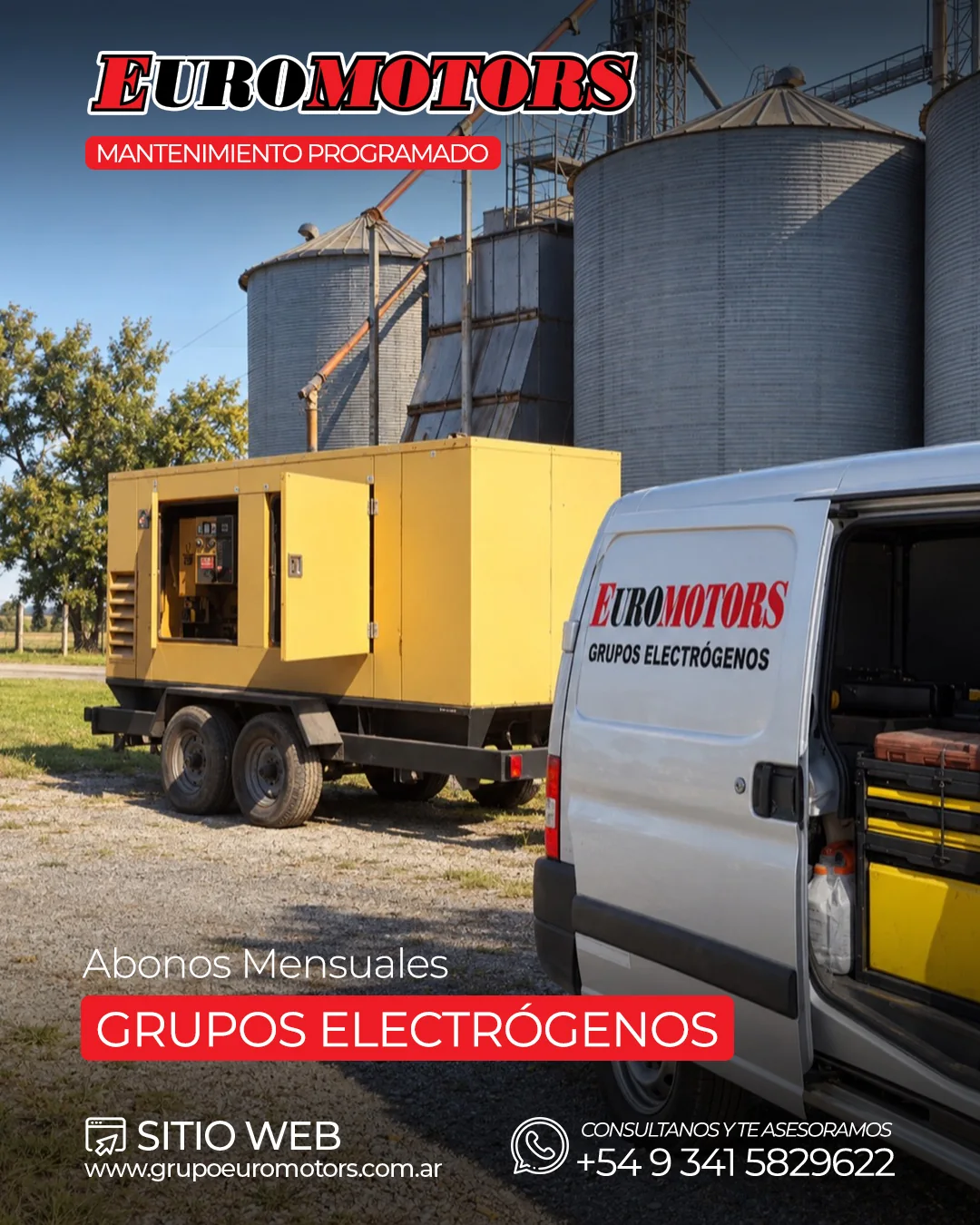 Grupo electrógeno móvil y vehículo de Grupo EuroMotors junto a silos