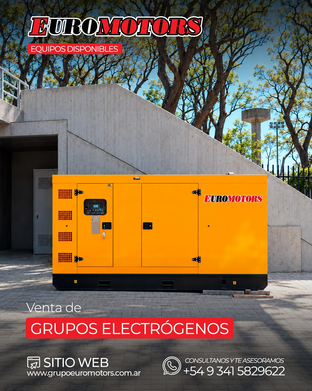 Grupo electrógeno amarillo EuroMotors ubicado junto a un edificio
