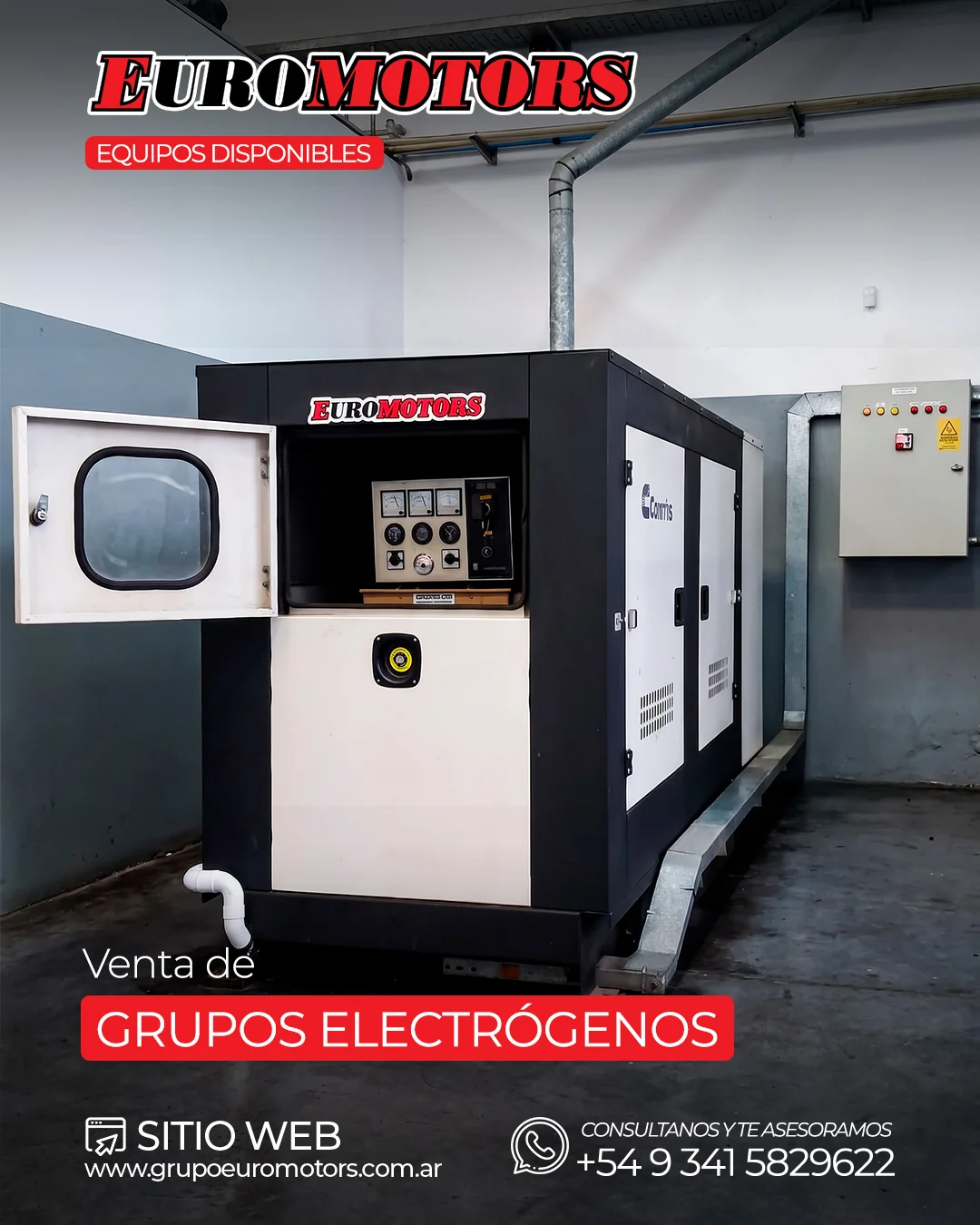 Grupo electrógeno EuroMotors con panel de control visible en una sala
